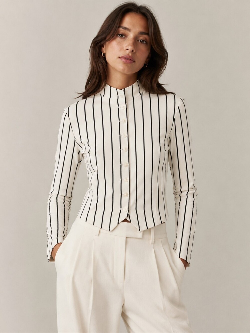 American Living White Button-Front Vertical Stripe Mock Neck Top